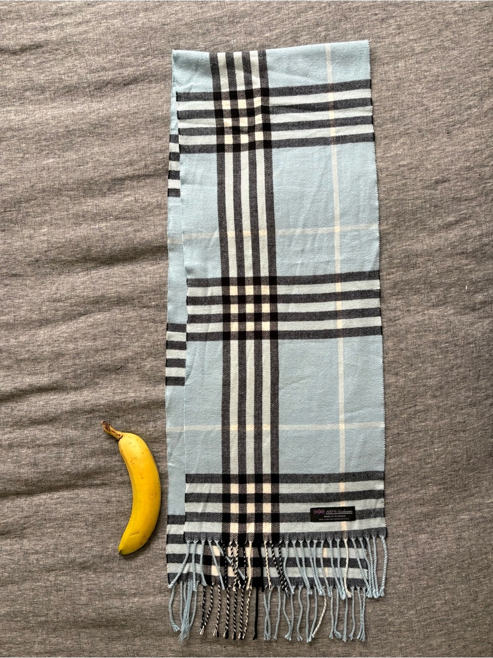 Light Blue Plaid Cashmere Scarf with Fringe
